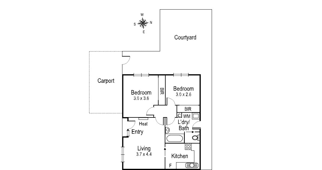 Coastal Adelaide residential property floor plan, featuring 2 bedrooms, modern kitchen, bathroom, courtyard, and carport, ideal for buyers seeking quality homes in South Australia.