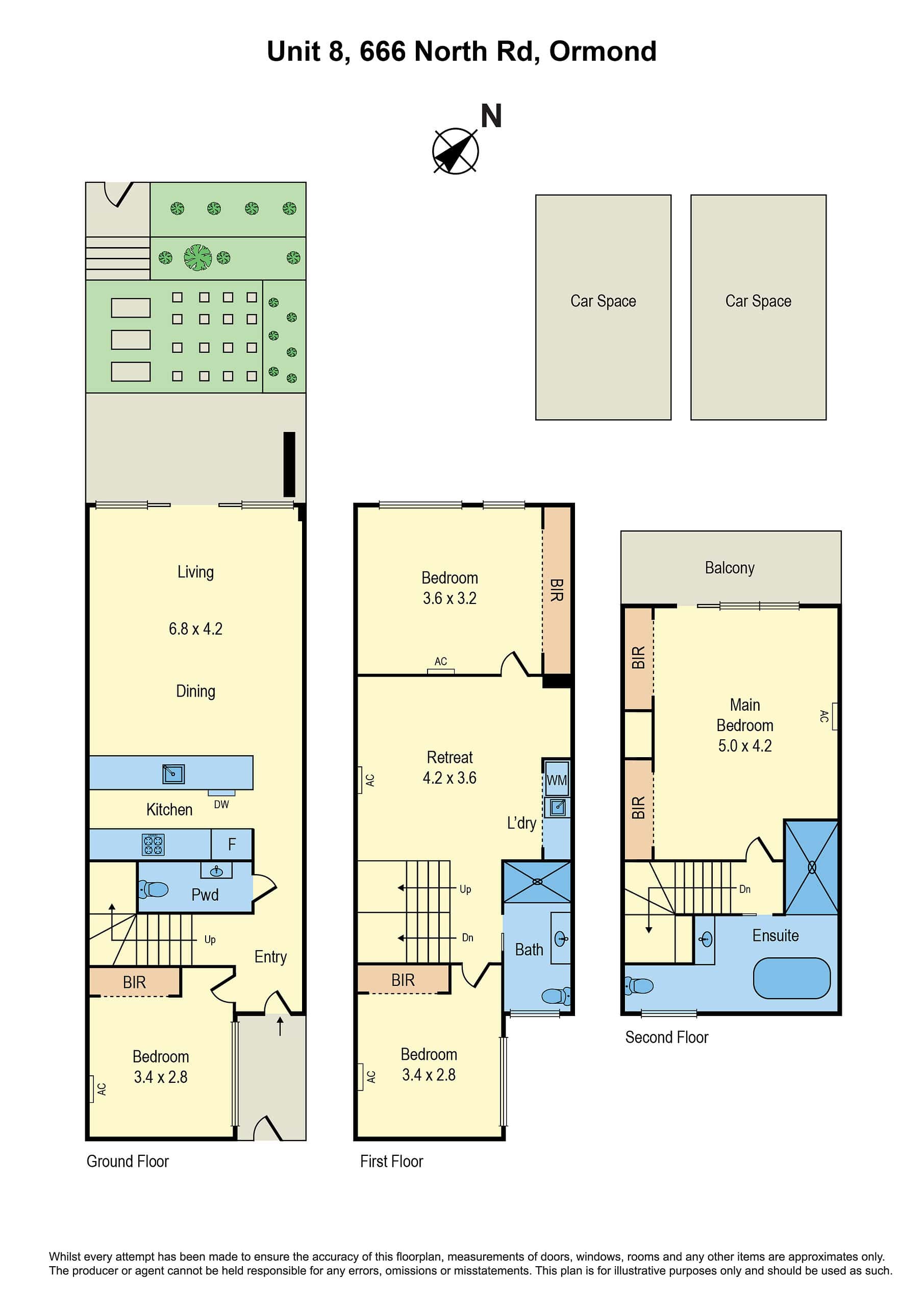 Spacious townhouse layout featuring three bedrooms, two bathrooms, a balcony, and a dedicated retreat area, ideal for family living in Ormond.