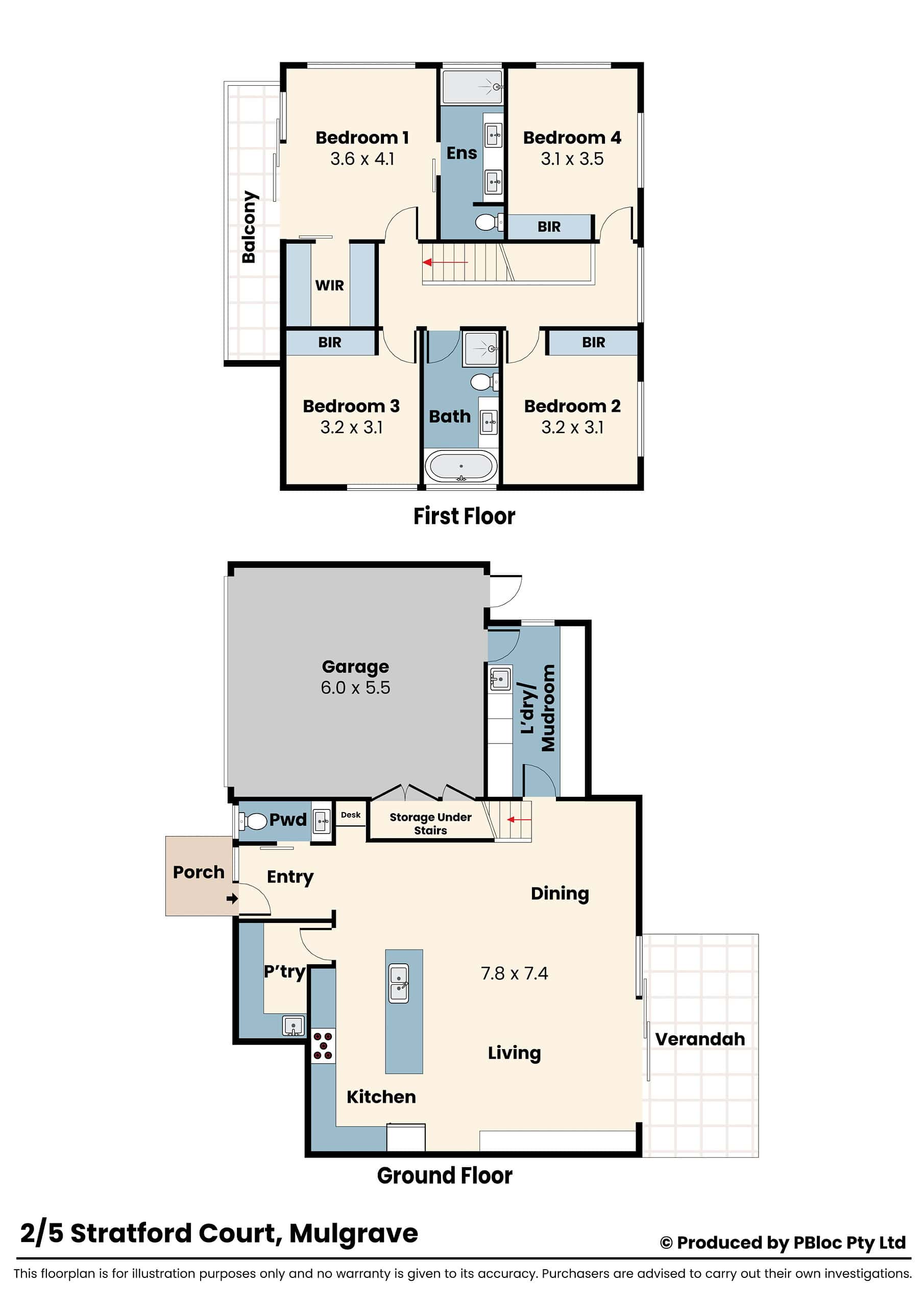 Detailed floor plan of a spacious 4-bedroom family home in Mulgrave, showing ground and first-floor layouts with garage, verandah, and bedrooms.